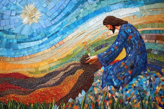 Modern Interpretation of the Parable of the Sower with Vibrant Collage and Jesus Tending to Plants