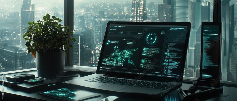 Poster a high-tech workspace with multiple devices displaying data and analytics against a city backdrop.