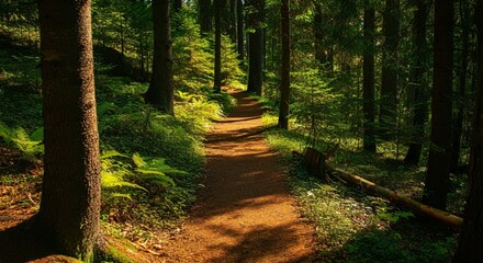 Obraz premium A peaceful hiking trail through a forest with sunlight filtering through the trees