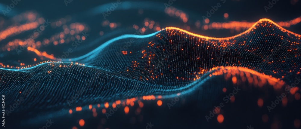 Poster abstract digital landscape with glowing lines and particles, representing data flow.