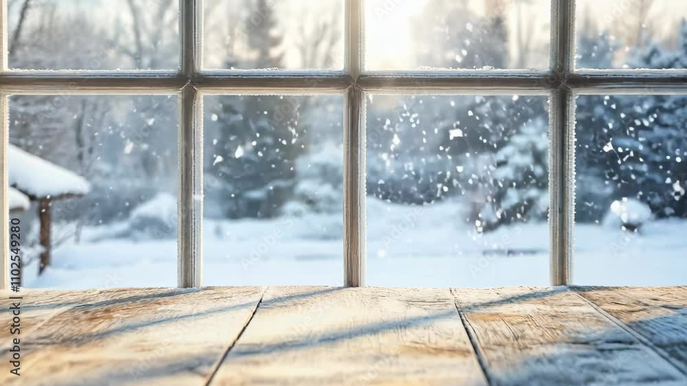 Poster empty table and winter window in background 4k video