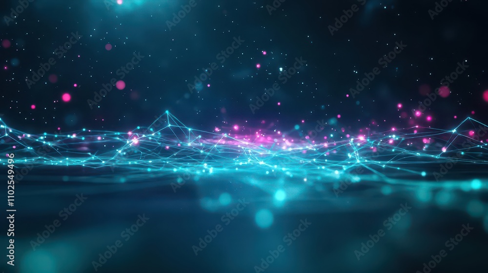 Poster ai neural pathways visualized as a glowing forest of interconnected light beams, dark background, co