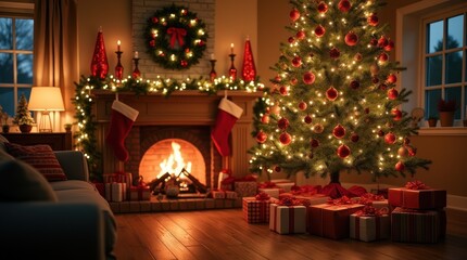 Warmly lit living room with decorated Christmas tree and fireplace