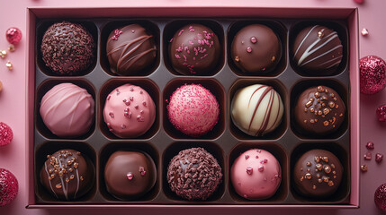 Delightful assortment of chocolates presented in a decorative box with festive decorations for a special occasion. Generative AI