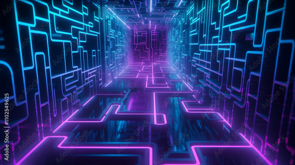 Poster a digital rendering of a futuristic tunnel. glowing neon purple and blue lines form a complex circui