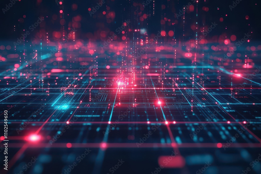 Poster ai security system scanning a glowing digital grid, sharp details, glowing red and blue lights, cybe