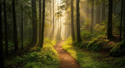 Obraz premium A peaceful hiking trail through a forest with sunlight filtering through the trees