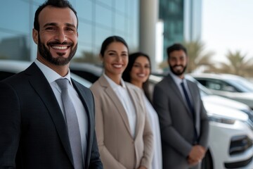 A group of four professionals smiling brightly outside a luxury car dealership, projecting confidence and success while showcasing their business attire and camaraderie.