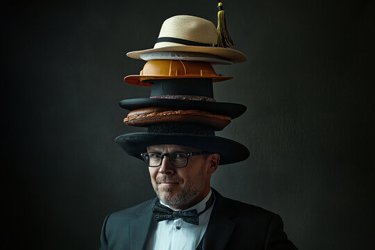 An entrepreneur literally 'wearing many hats', balancing a stack of different hats representing various roles (chef's hat, hard hat, graduation cap, etc.).