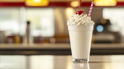 A creamy milkshake topped with whipped cream and a cherry, served with striped straws in a glass cup, perfect for dessert lovers.