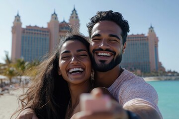 A joyful couple poses for a selfie at the beach, capturing their happiness against the backdrop of a stunning resort, radiating love and excitement for each other.