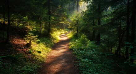 A peaceful hiking trail through a forest with sunlight filtering through the trees