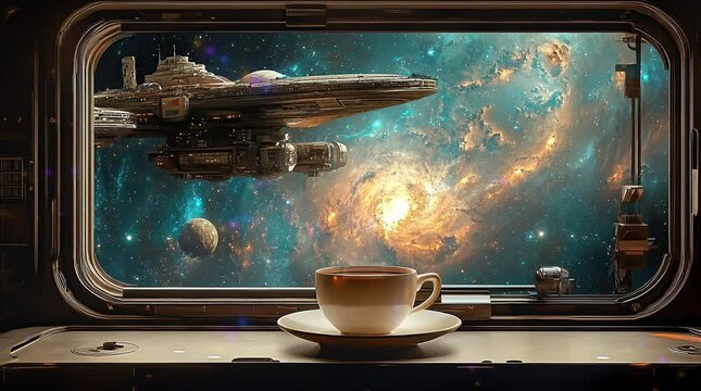 Cup of coffee by futuristic window with spaceship and galaxy view in deep space
Seamless looping 4k time-lapse virtual video animation Generated AI