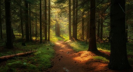 Obraz premium A peaceful hiking trail through a forest with sunlight filtering through the trees