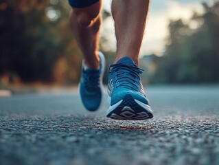 Athlete Running on Road in Blue Sports Shoes at Dusk