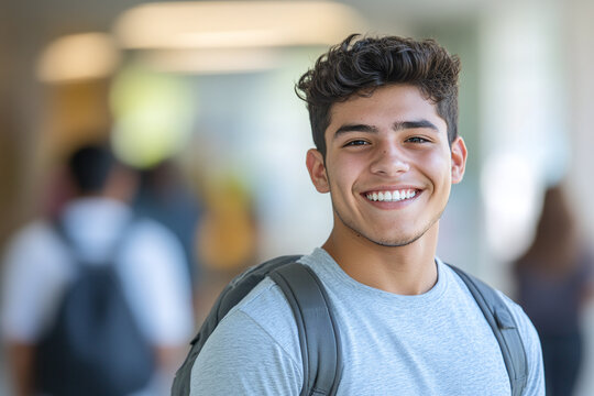 Portrait of a smiling young male hispanic latino college student at university facility.
