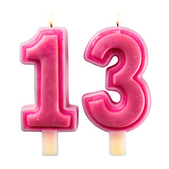 pink festive candle in the shape of number 13 for birthday cake and party