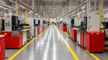 A spacious factory floor featuring rows of machinery and equipment, characterized by a clean design and organized layout.