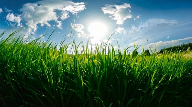 An immersive 360-degree equirectangular panorama of a serene seagrass meadow, with sunlight filtering through the swaying blades of 4K Video