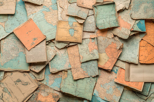 Seamless pattern of vintage map fragments showing different parts of the world, slightly overlapping.