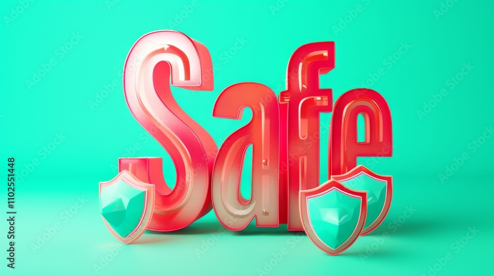 Poster bold 3d text reading safe with a glossy red and pink finish, complemented by shield icons on a vibra