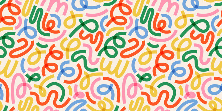 Seamless festive pattern with abstract swirls and curved lines on a light background. New year confetti white backdrop. Perfect for festive celebrations, cards, and wrapping paper. Carnaval Party.