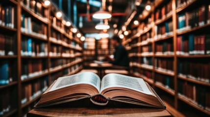 Fototapeta premium An open book in a cozy library, with shelves of books and a person reading in the background.