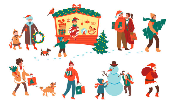 Christmas market. Shopping people. Family holidays time. Vector illustration for card, cover, seasonal decor - Powered by Adobe