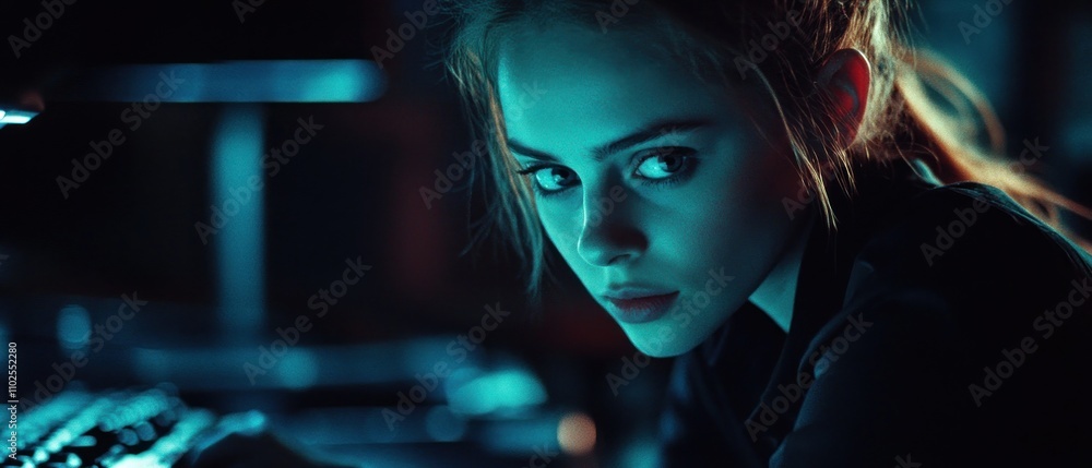 Poster a focused individual working intently at a computer in a dimly lit environment.