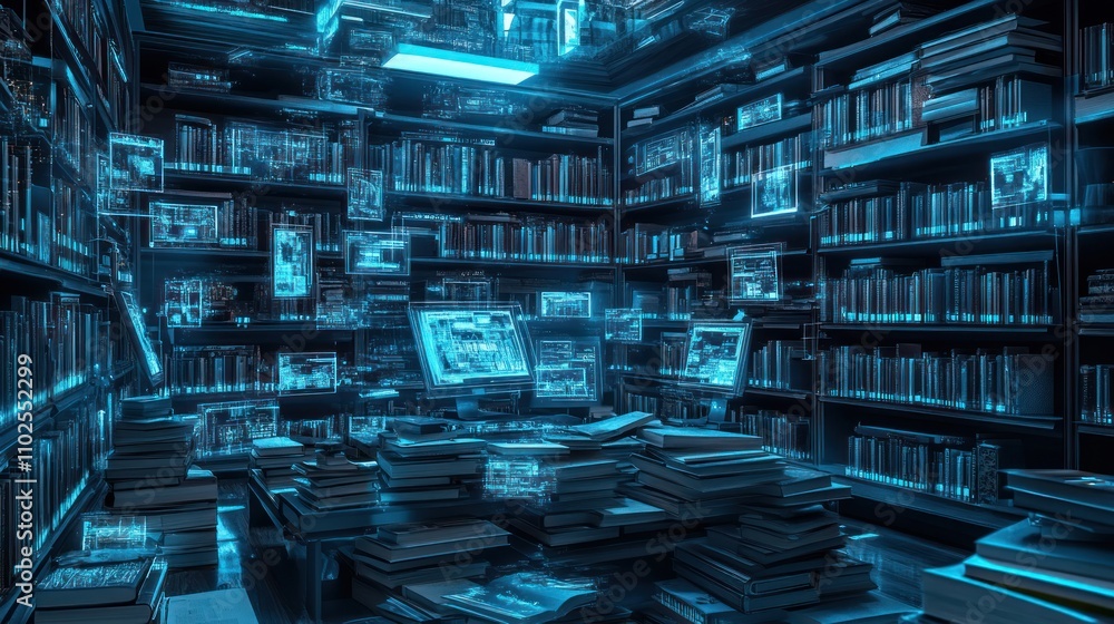 Poster a futuristic library filled with floating digital images and stacks of books.