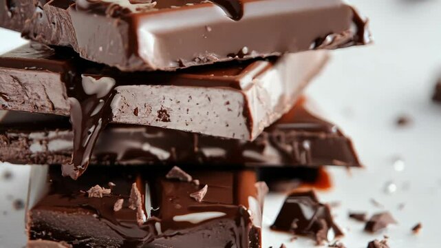 A stack of broken chocolate bars with melted chocolate spreading around on a white background. 4K Video