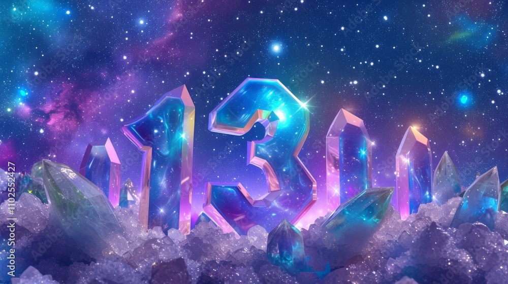 Poster a futuristic 3d render of the number 13 composed of crystal-like forms, set against a vibrant, starr