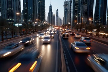 Naklejka premium This image captures the bustling traffic of the city at dusk, where cars are illuminated against the backdrop of towering buildings and the fading light of day.
