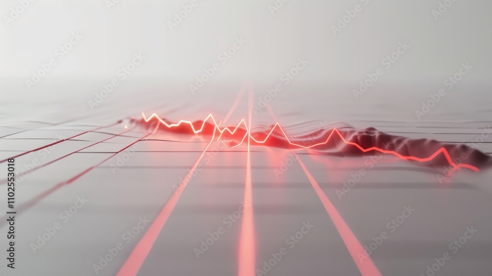 Poster abstract red waveform running across a grid surface with glowing peaks, perfect for themes related t