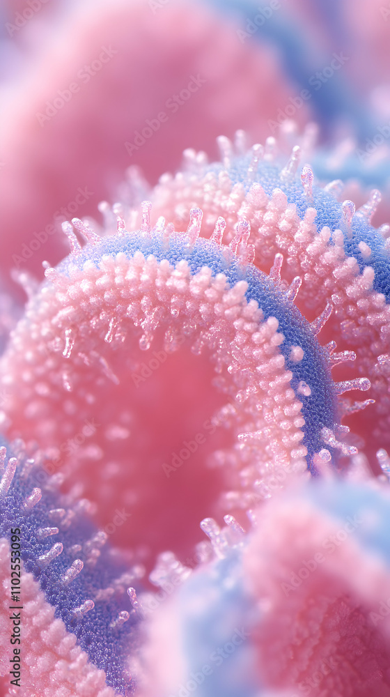 Poster abstract pink and blue microscopic structure, intricate cellular forms intertwine, creating a dreaml