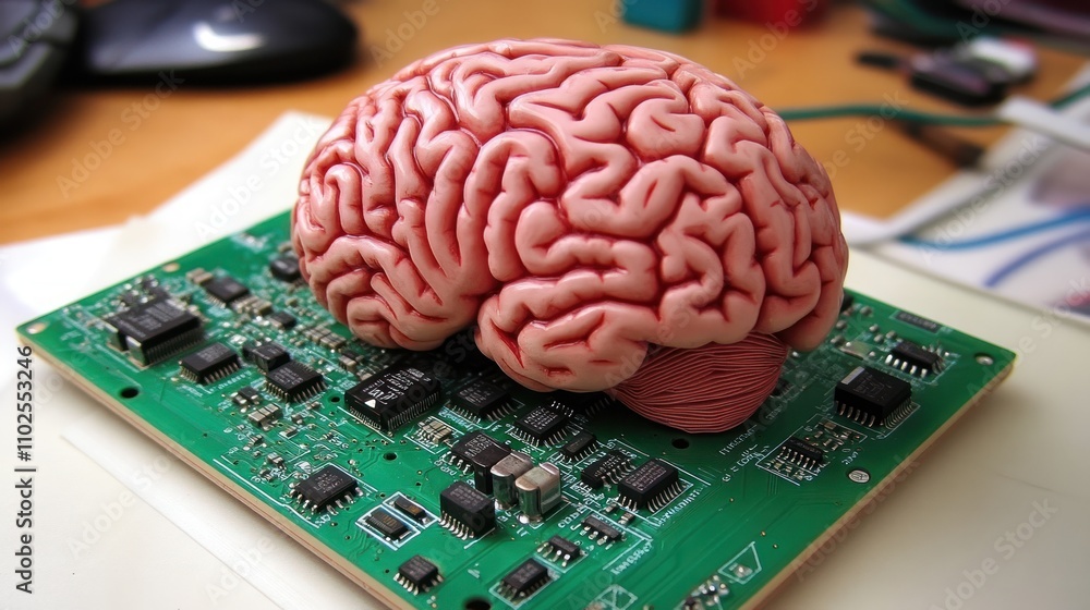 Poster a brain model placed on a circuit board, symbolizing the intersection of biology and technology.