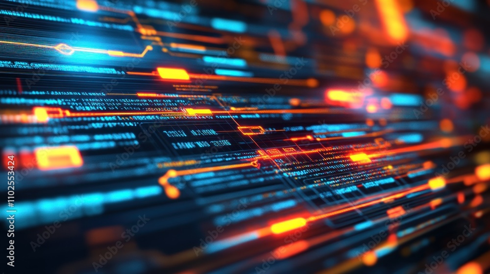 Poster abstract digital data visualization with glowing lines and nodes.
