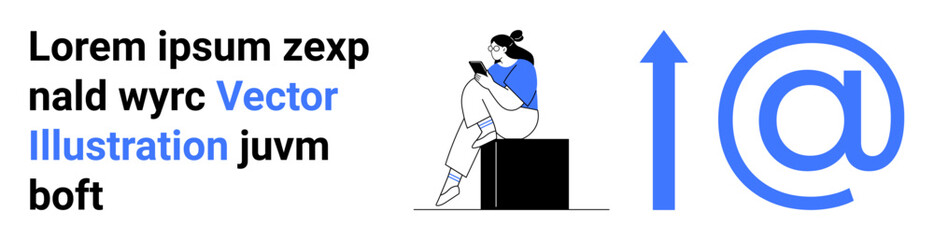 Young woman sitting on block using mobile phone. Upward arrow and email symbol in blue. Ideal for communication, tech, digital marketing, business growth, email campaigns, social media, connectivity