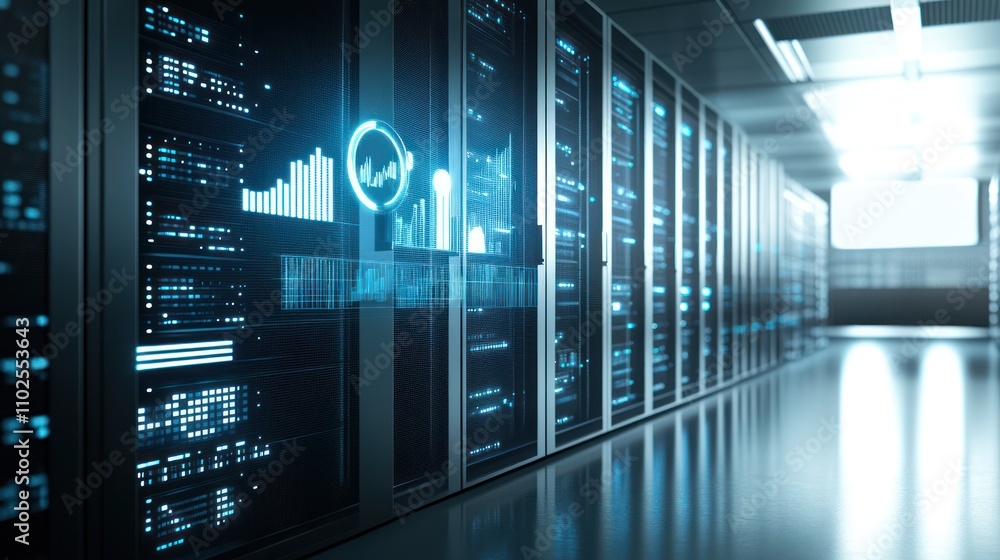 Poster a modern data center with servers and digital analytics displays.
