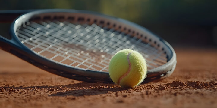 Raquete de t&ecirc;nis e bola em uma quadra de saibro