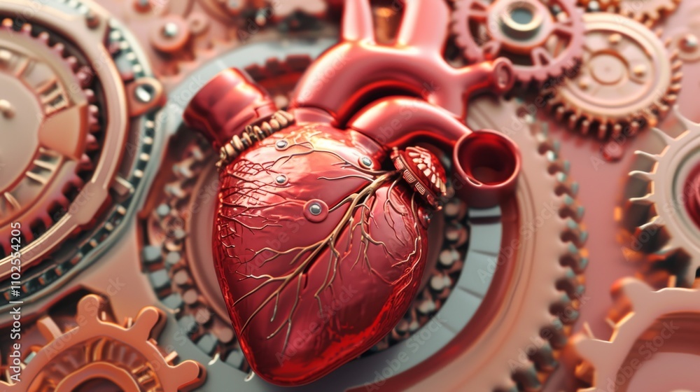 Poster a steampunk-inspired 3d render of a heart intricately integrated with gears and mechanical component
