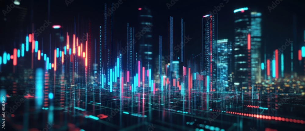 Poster a digital visualization of financial data with vibrant graphs against a city skyline backdrop.