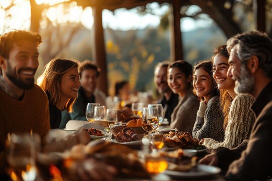 Happy Family Gathering at Outdoor Autumn Dinner Table