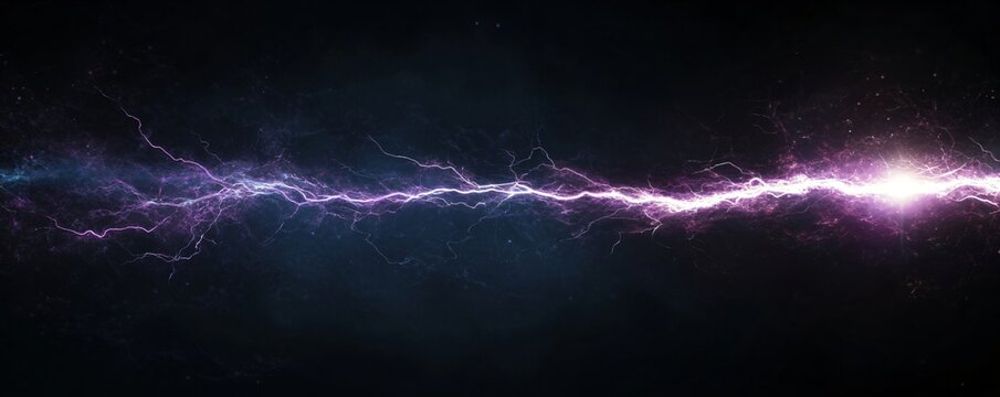 Bright lightning flash bolt or thunderbolt on dark night purple sky. Heavy storm with shining lightnings. Nature disaster, stormy weather. Color of 2025 year
