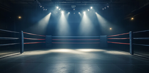 Empty professional boxing ring in the dark, illuminated spotlight. Sport background, sport's, Ai