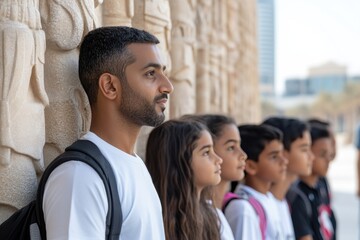 Fototapeta premium A group of young adults and children line up next to a stunning sculpture, embodying curiosity and the appreciation of art in a lively cultural atmosphere.