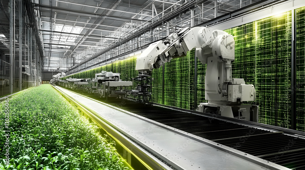 Poster automated vertical farming, robotic system cultivates plants in a controlled environment with advanc