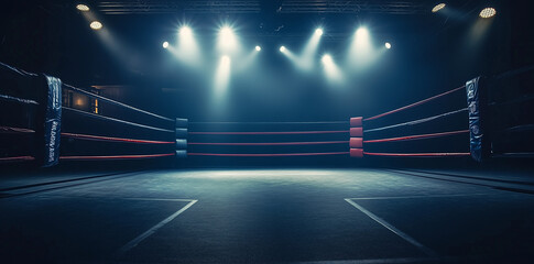 Empty professional boxing ring in the dark, illuminated spotlight. Sport background, sport's, Ai