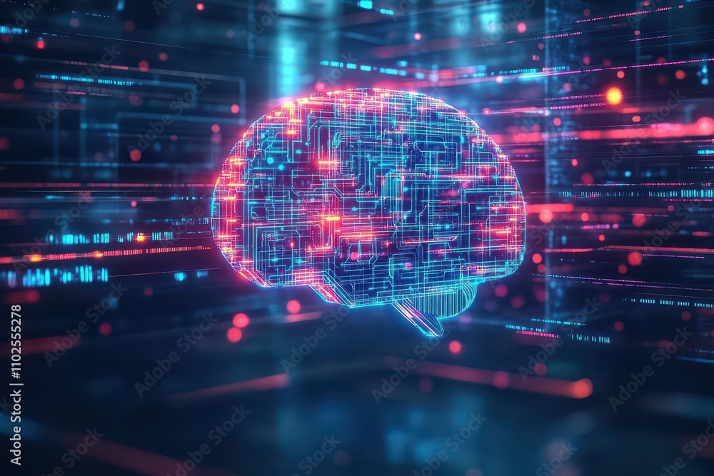 Poster Futuristic AI brain with glowing circuits, floating in a digital void, neon and holographic effects, cyberpunk style, 3D render