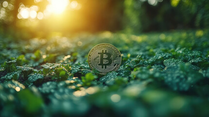 Bitcoin coin resting on lush green foliage, illuminated by soft sunlight, symbolizes intersection of technology and nature. serene atmosphere evokes sense of growth and innovation